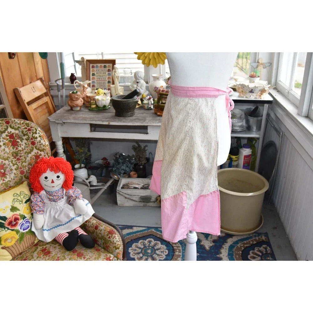 Vintage 50s-60s Half Aprons Cotton Tie Back Yellow and Pink Set of 2